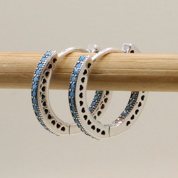 925 Sterling Silver Turqouise Blue Hoop Earring - Picture 10 of 10